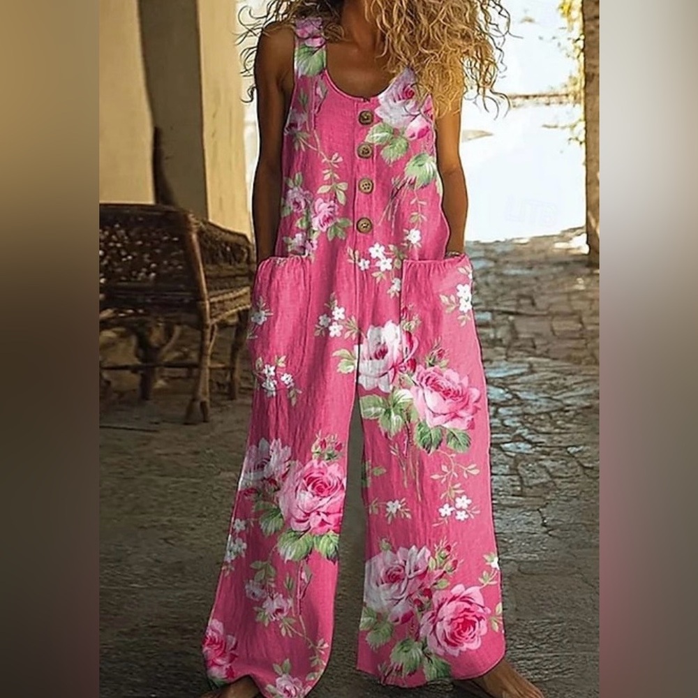 Floral Pink Sleeveless Wide-Leg Romper with Pockets